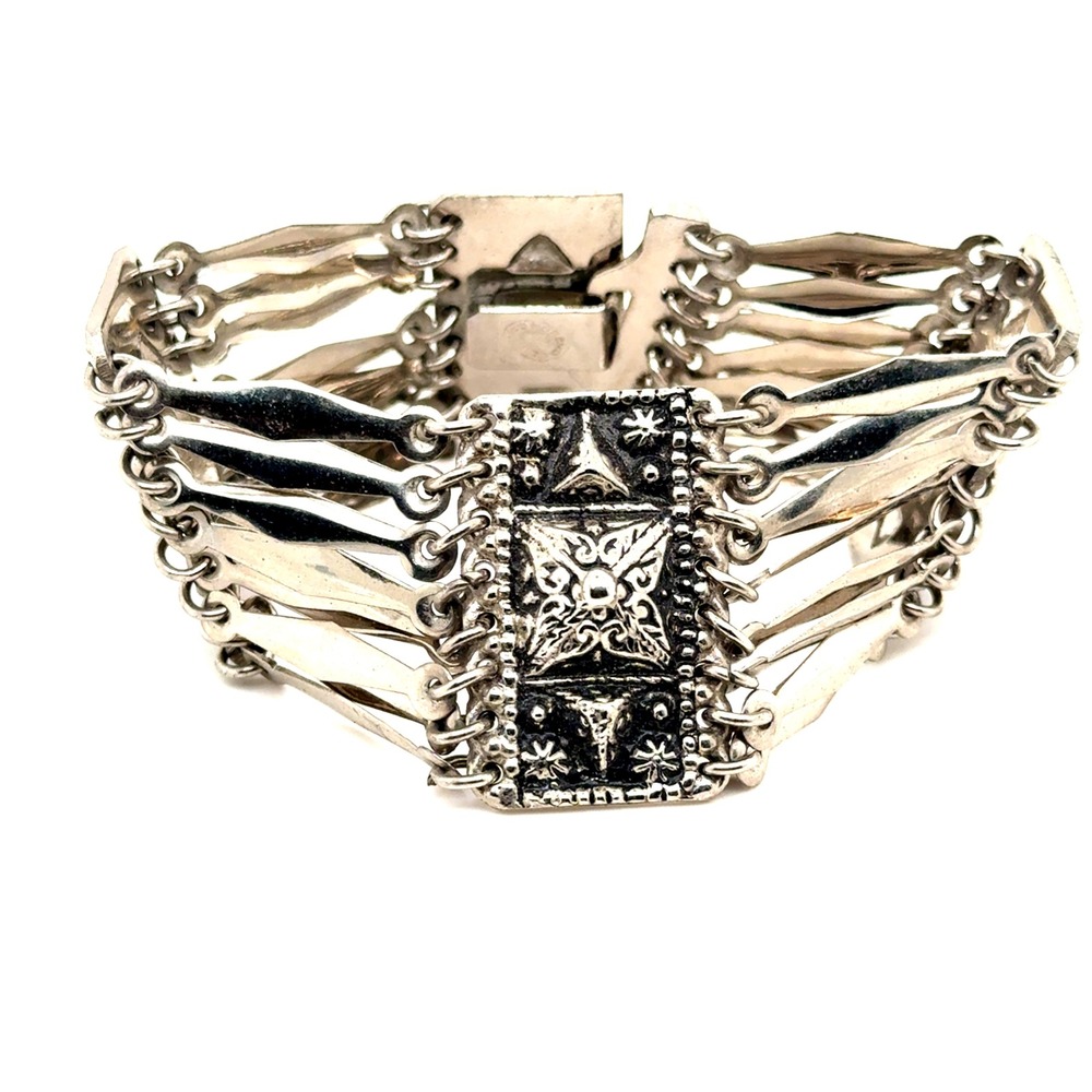 Vintage Sterling Silver Multi Strand Repousse Panel Bracelet 8 Inch 53g Boho